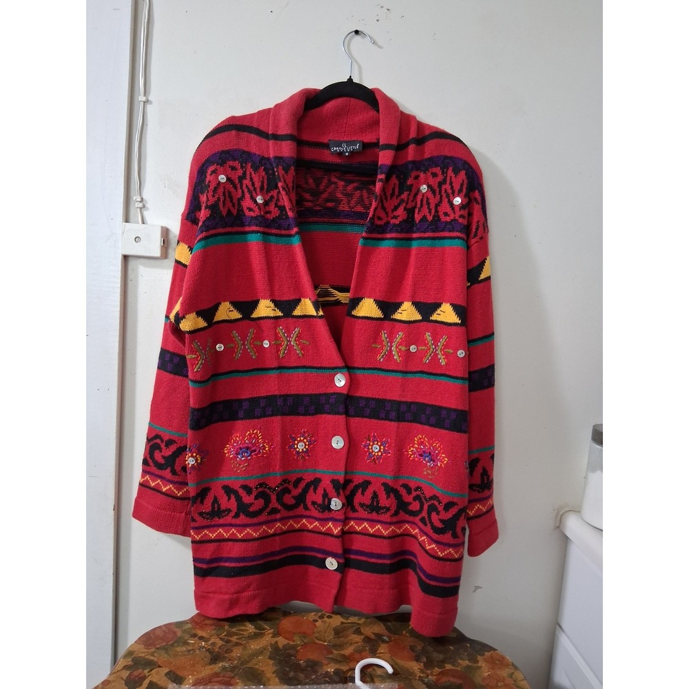 Carole Little Sport Red Southwestern Embroidered Knit Cardigan Sweater Womens M